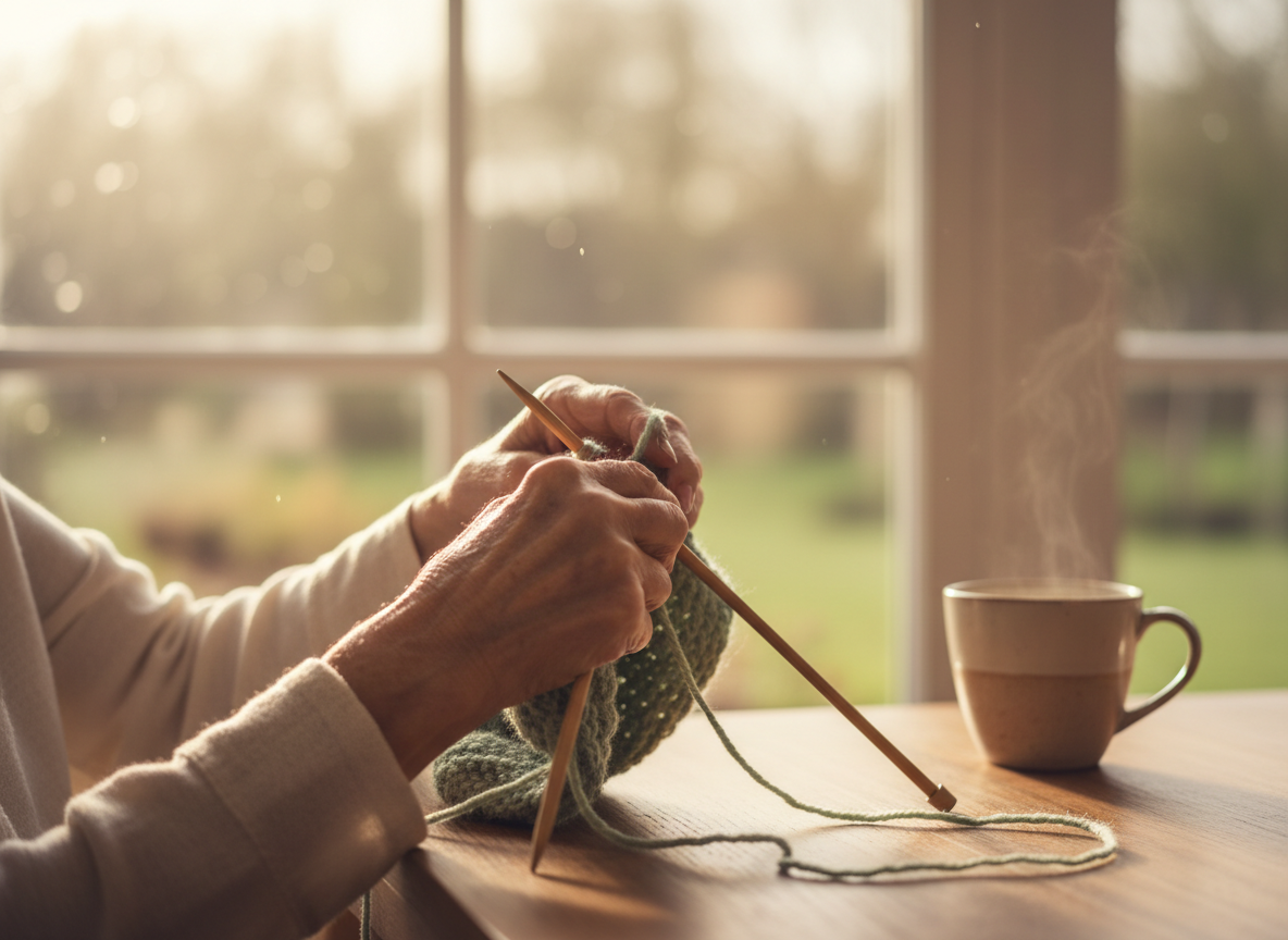 Elderly person peacefully knitting by a sunlit window