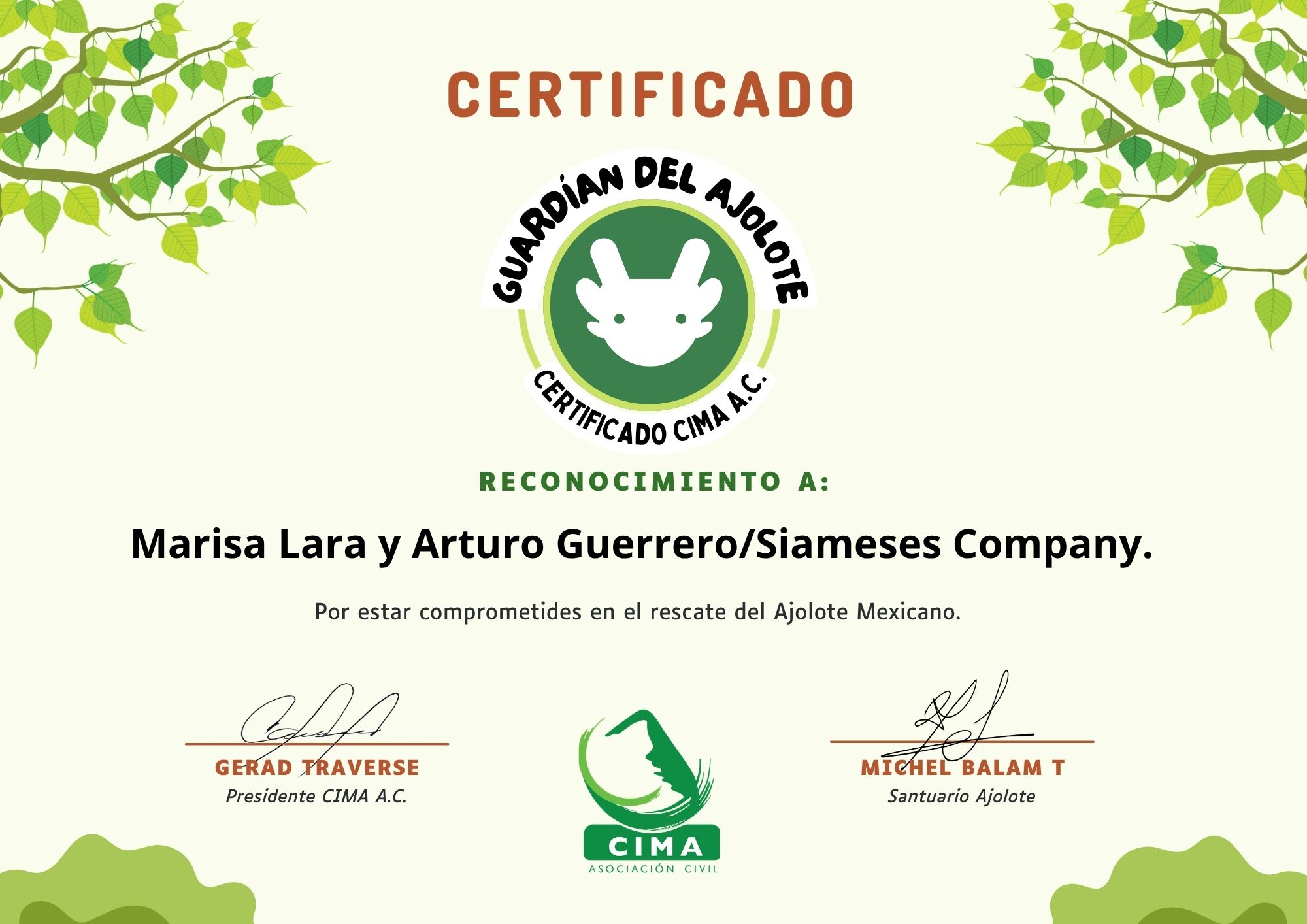 Certificado Guardián del Ajolote — ejemplo