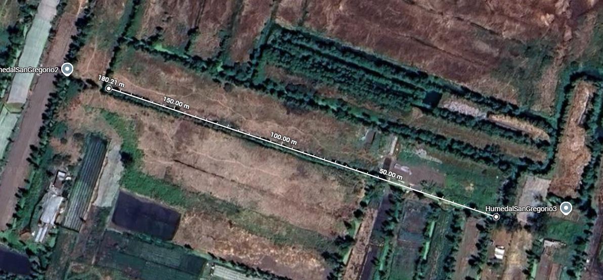 Satellite map of the site — measured distance: 180.21 m between HumedalSanGregorio2 and HumedalSanGregorio3