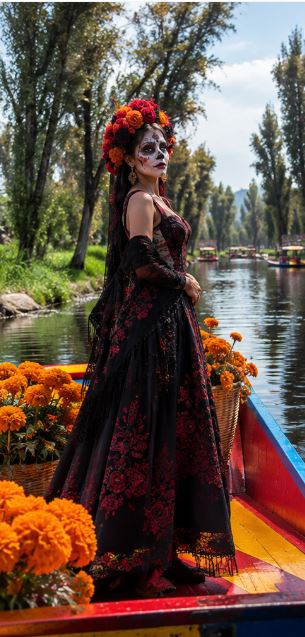 La Catrina en trajinera en Xochimilco