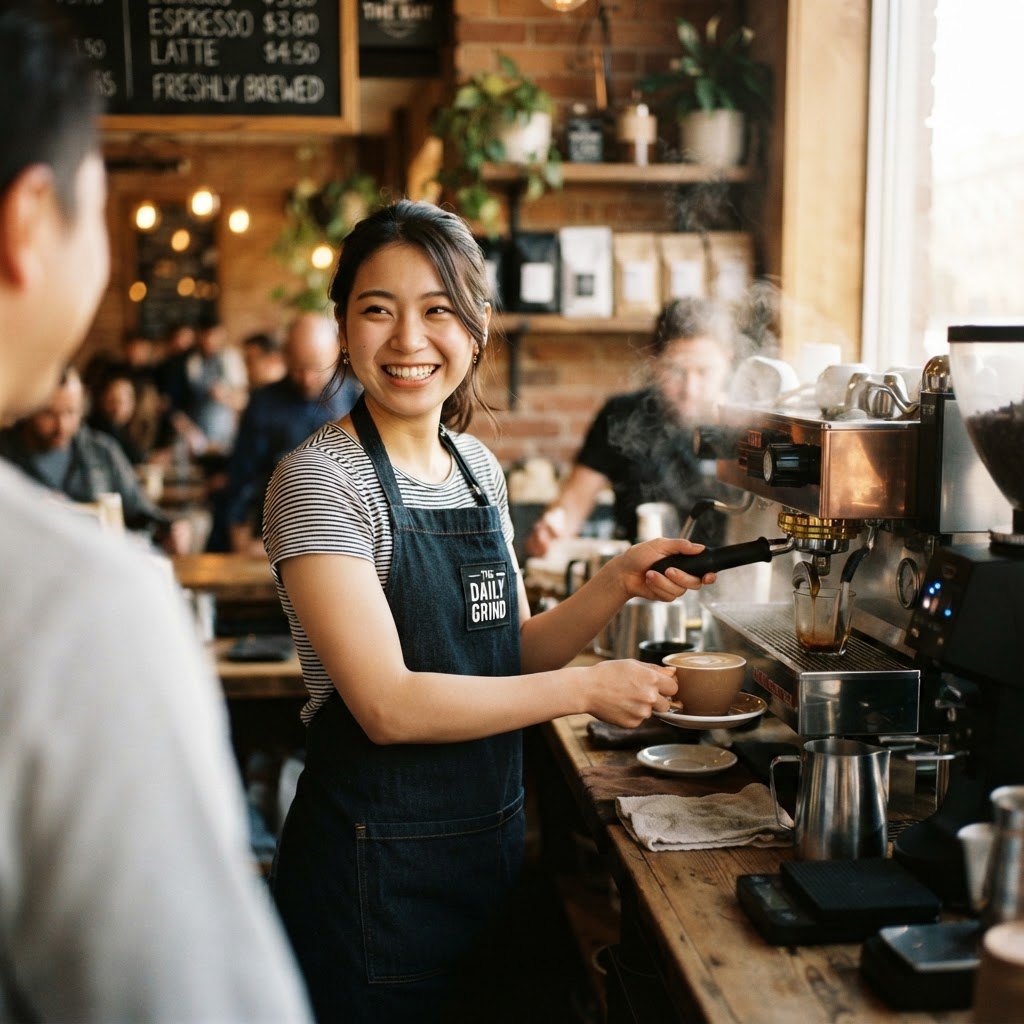 Friendly Asian barista in an apron preparing coffee at a Singapore cafe