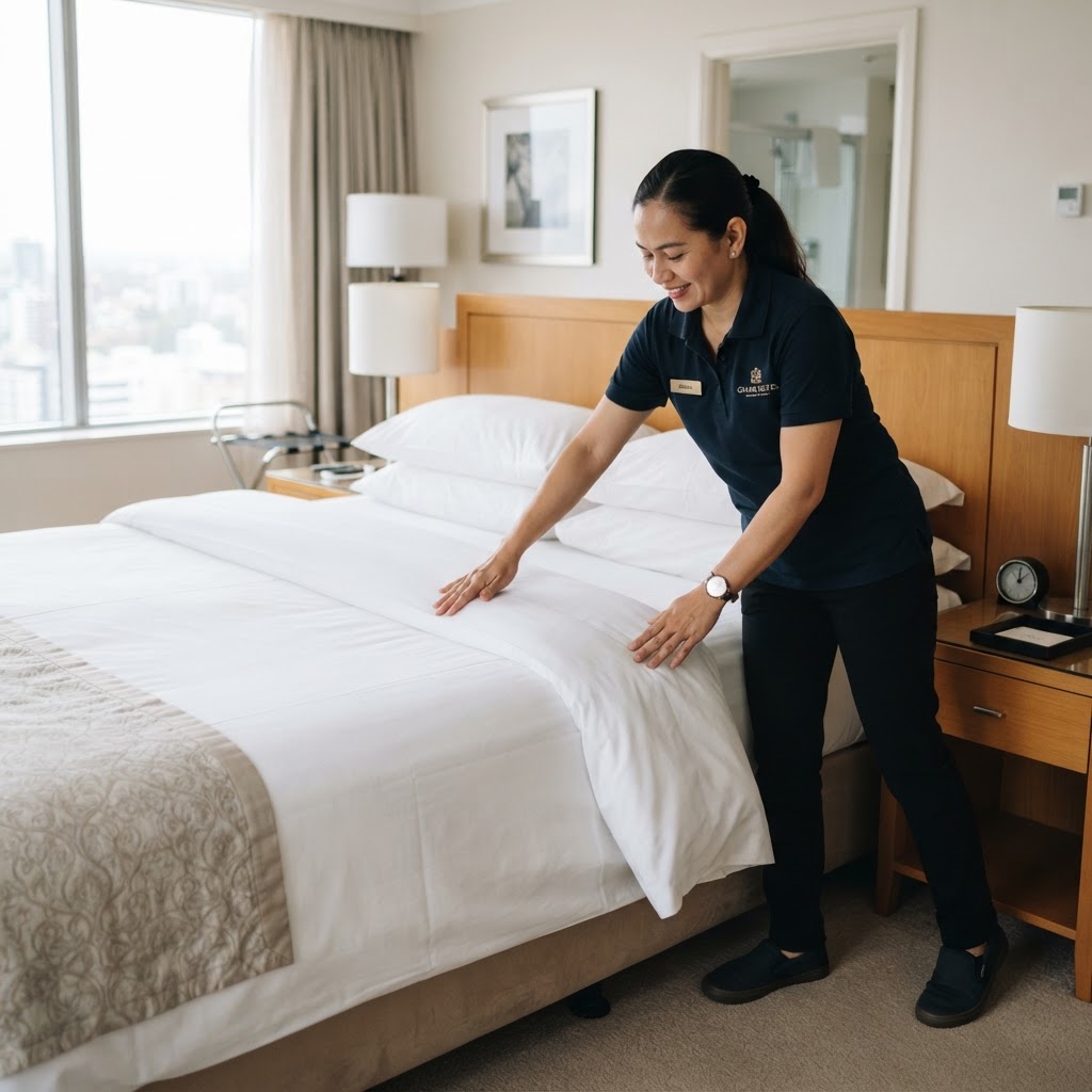 Hotel housekeeping room attendant making a bed in a hotel room