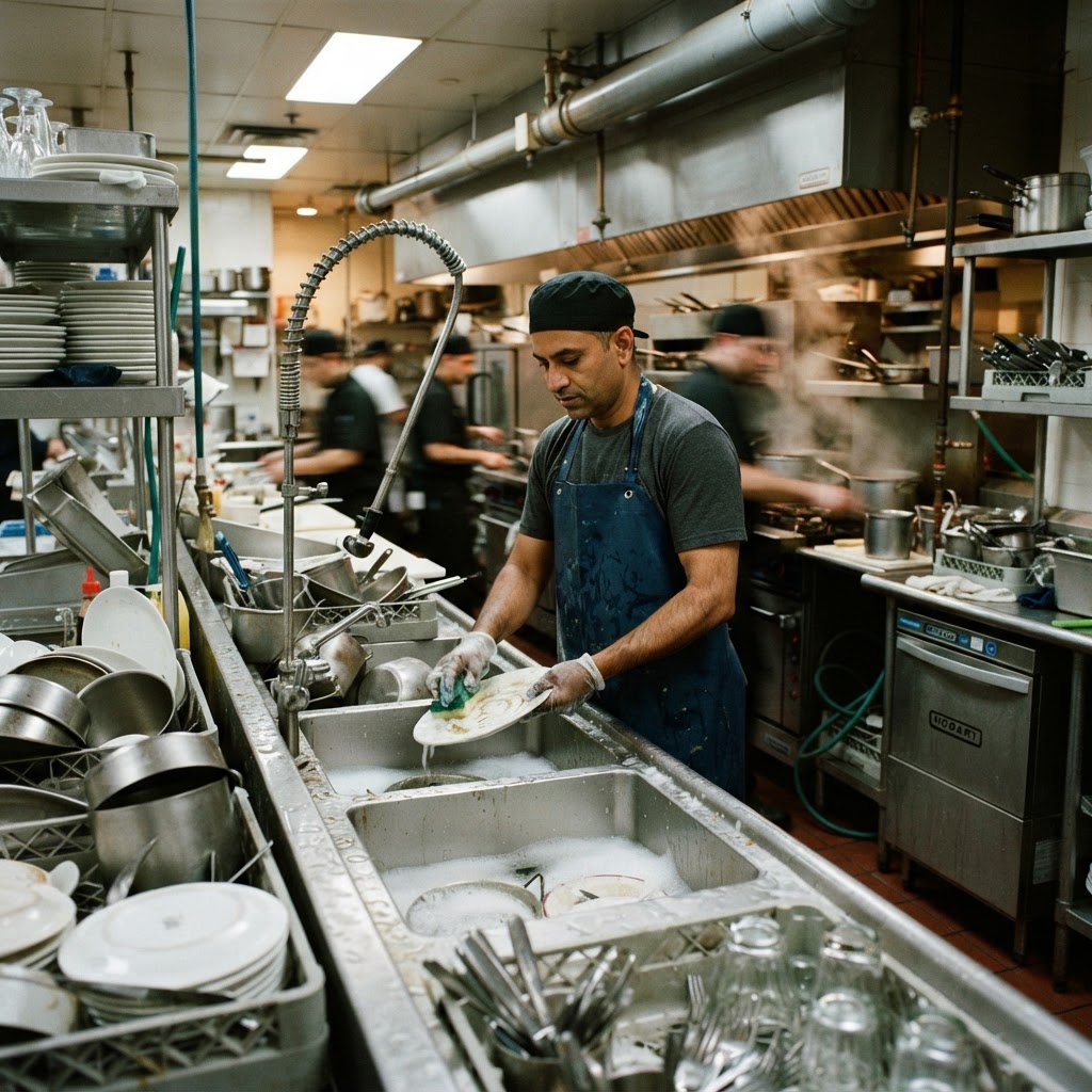 Stewarding staff cleaning dishes in a commercial restaurant kitchen