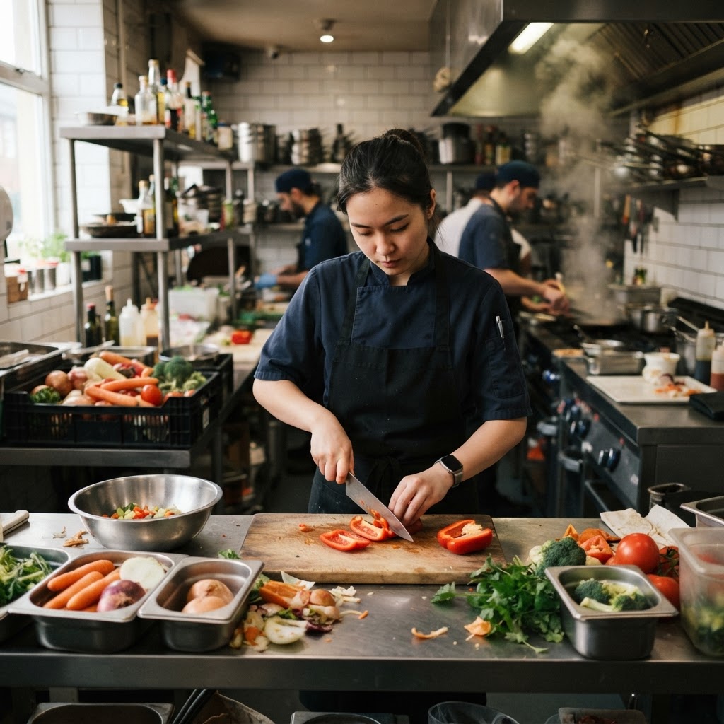 Kitchen assistant preparing food in a busy restaurant kitchen