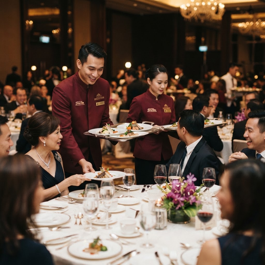 Singapore banquet service crew serving guests at a formal dining event