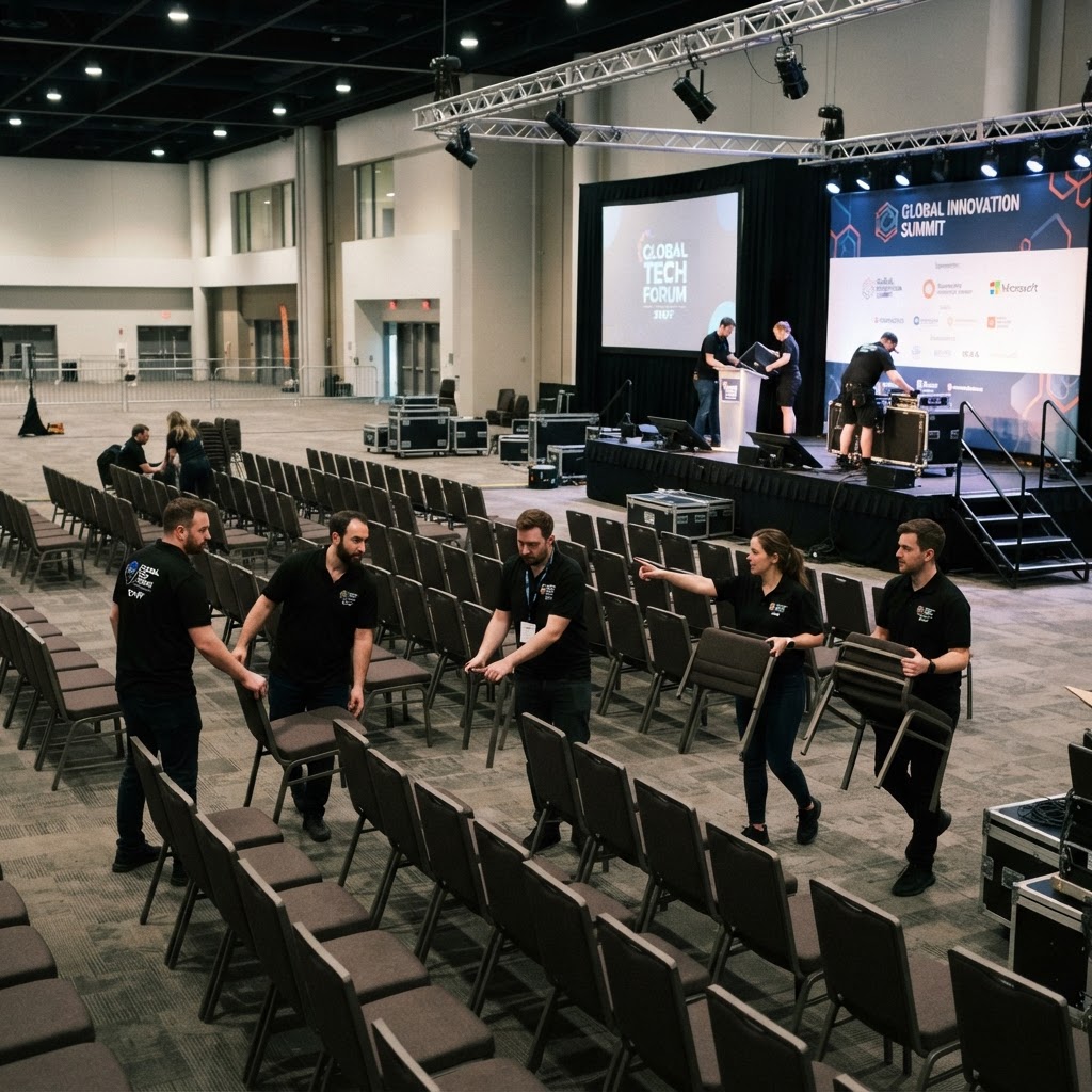 Event crew setting up rows of chairs in a conference venue