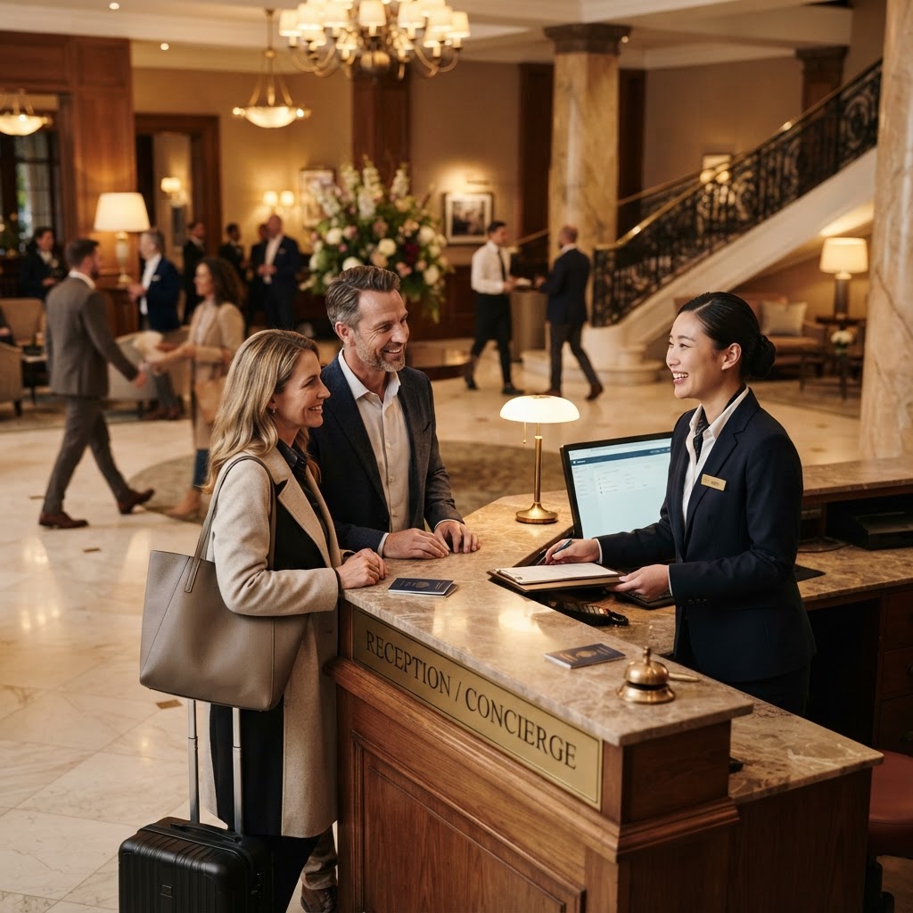 Hotel concierge welcoming guests at a luxury hotel lobby desk
