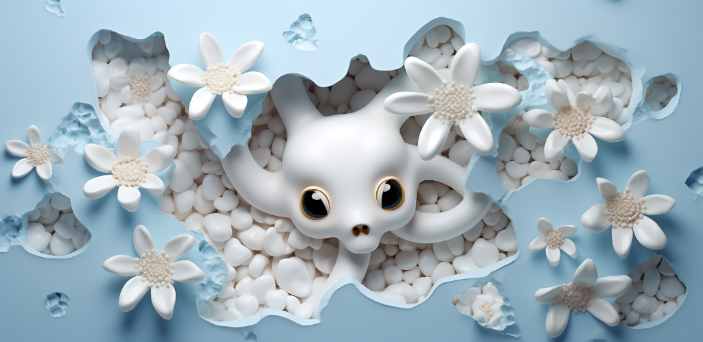 3D Octopus and White Flowers
