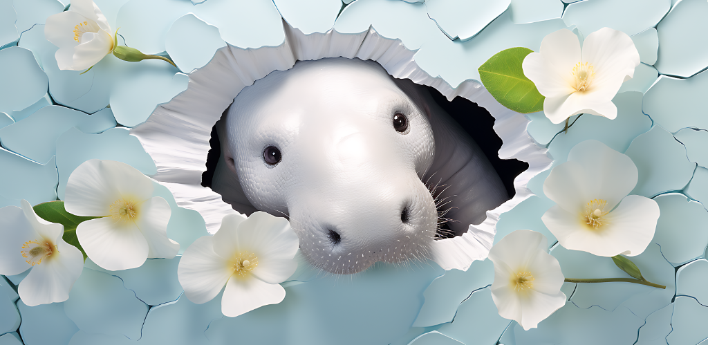 3D Peeking Manatee with Flowers