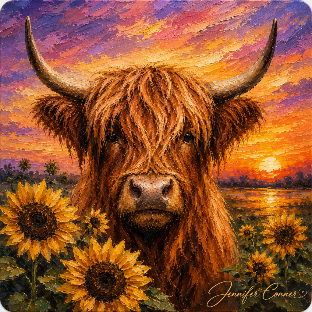 Highland cow sunset with sunflowers oil-style portrait