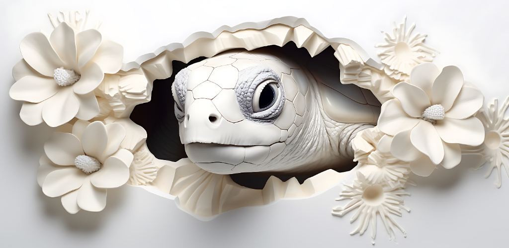 3D Sea Turtle and Flowers