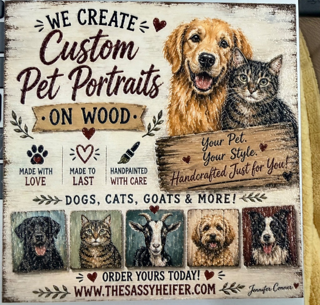 Custom Pet Portraits on Wood flyer — dogs, cats, goats & more