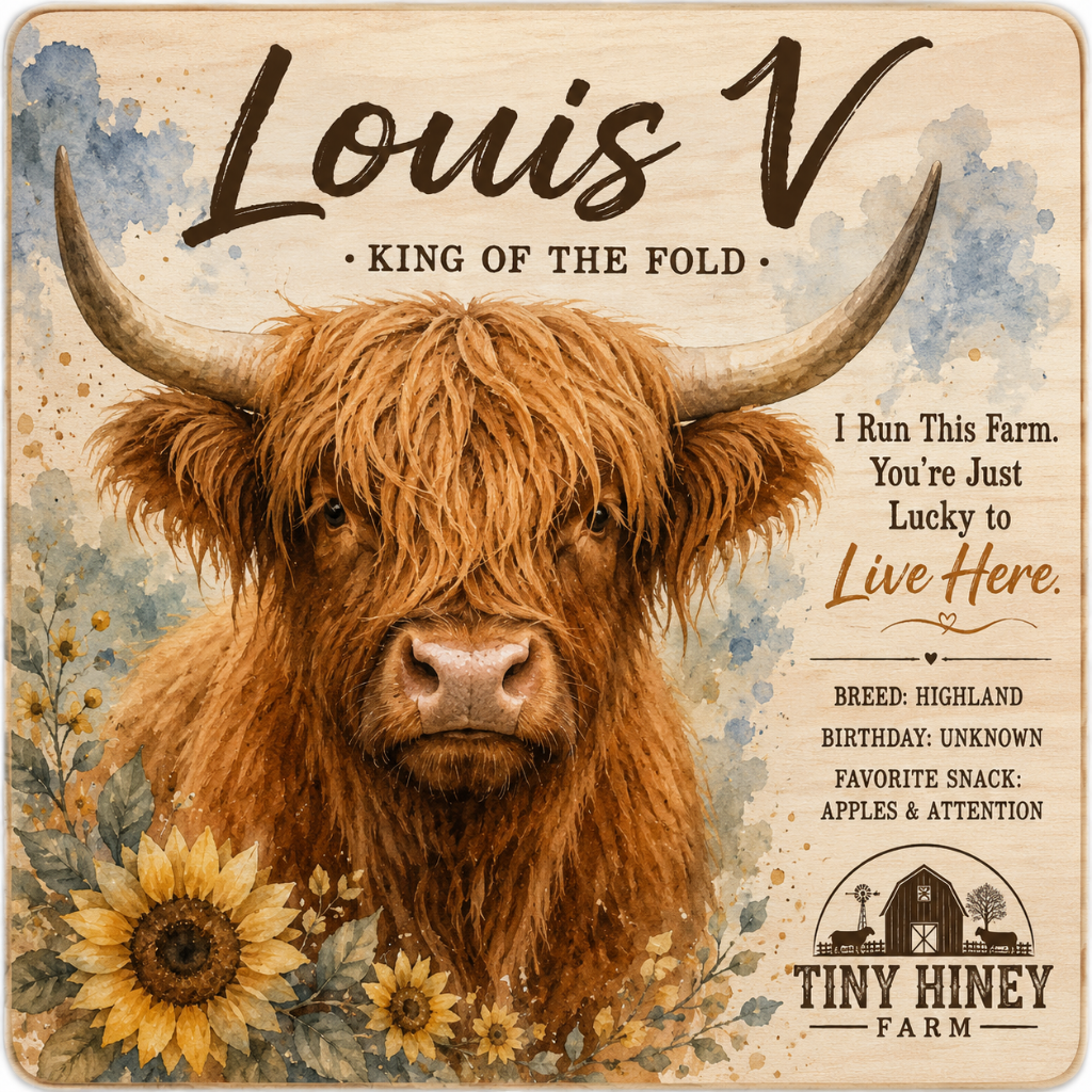 Louis V — King of the Fold, Highland cow wood plaque portrait