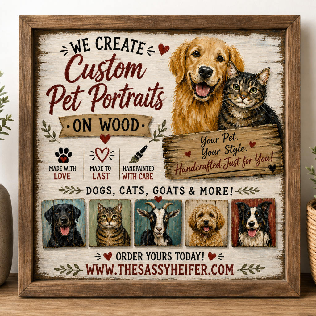 Custom pet portraits on wood — golden retriever & tabby cat