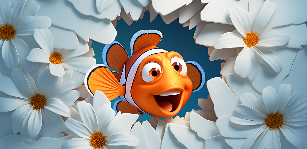 3D Clownfish Peeking Through Daisies