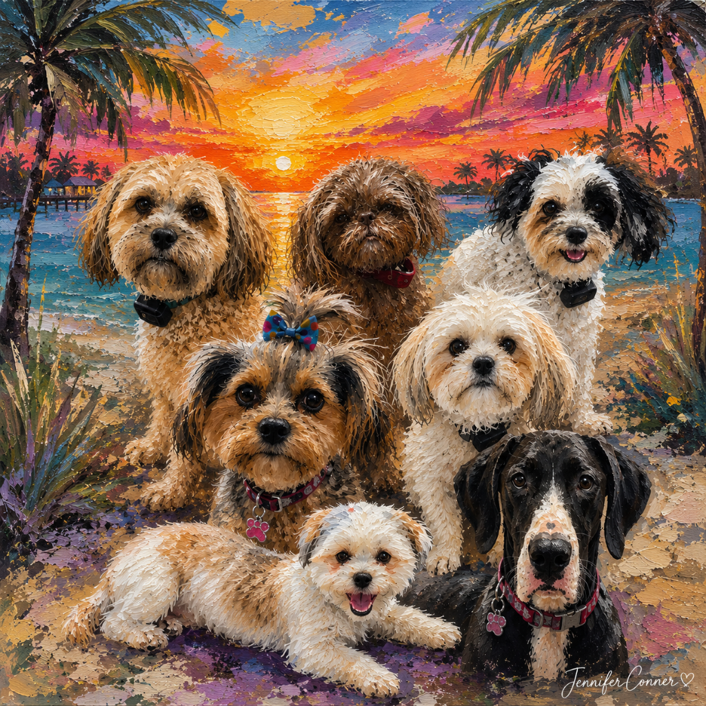 Seven dogs beach sunset oil-style pet portrait