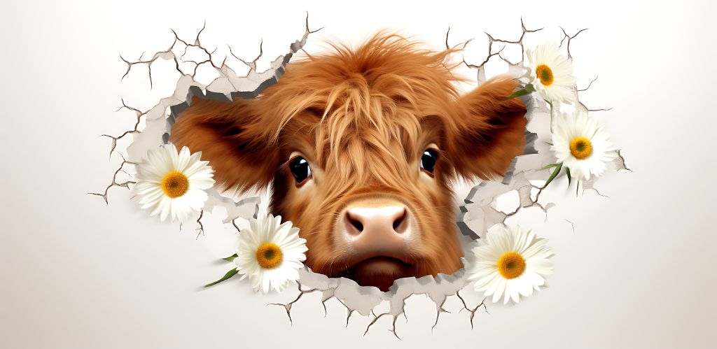 3D Highland Cow with Daisies