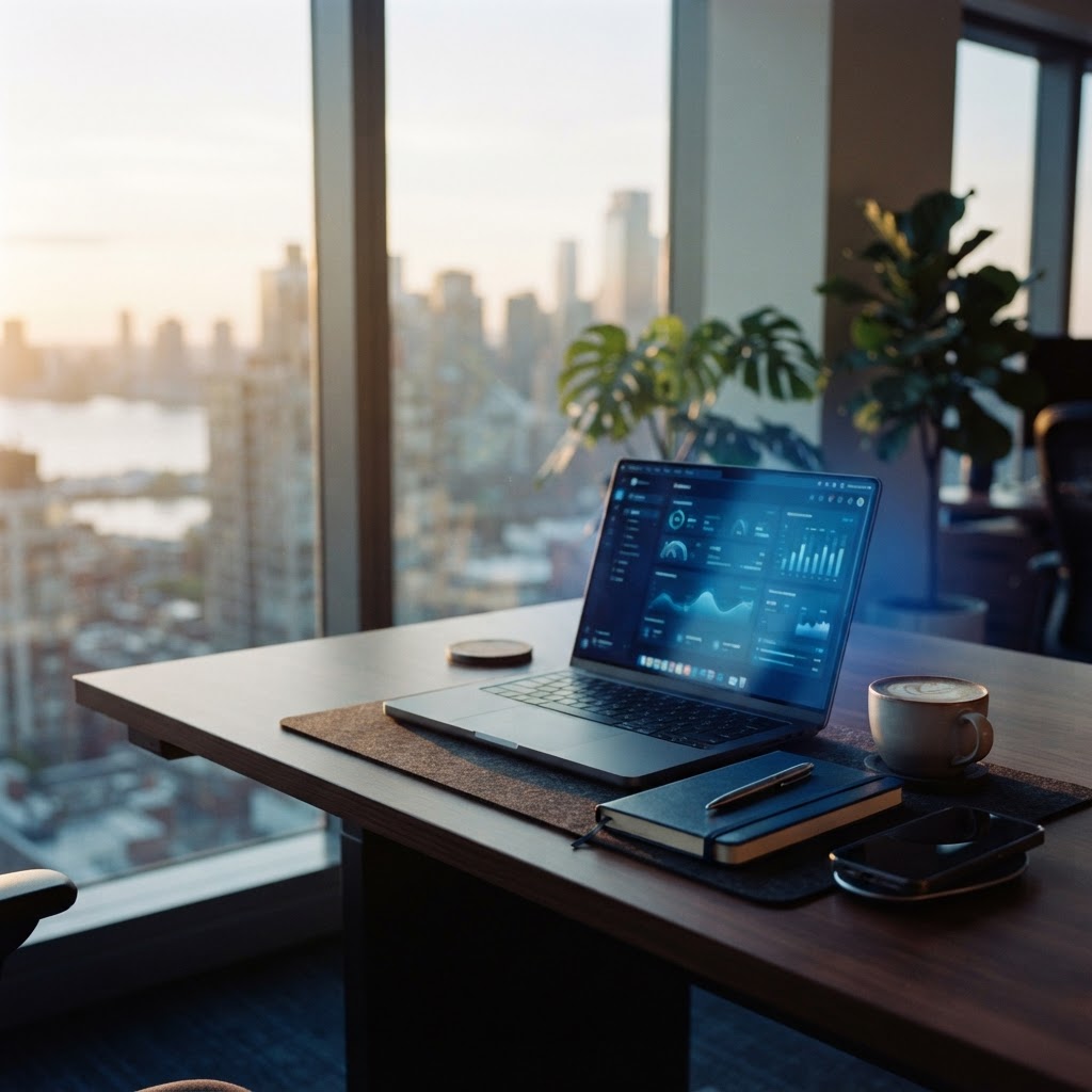 A modern AI-powered workspace with a glowing laptop interface