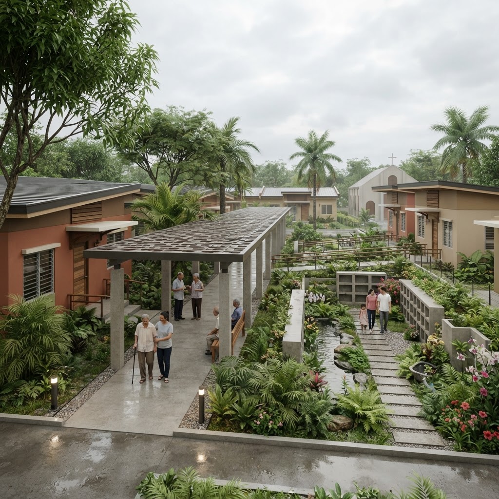 A proposed Filipino elderly-care and memorial community with gardens and shaded walkways