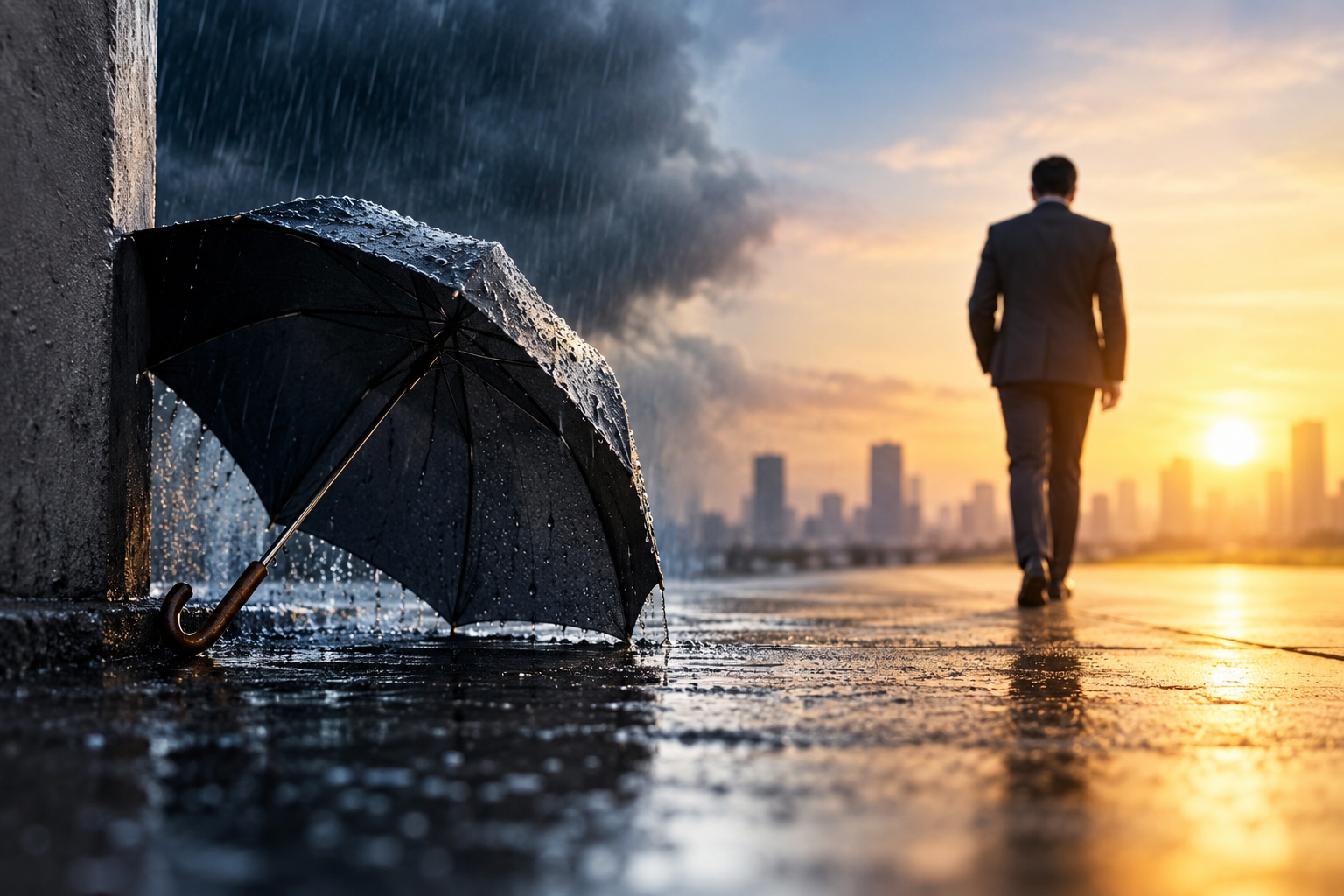 A rain-covered umbrella leaning against a stone pillar as a lone man in a grey suit walks toward a golden sunrise city skyline