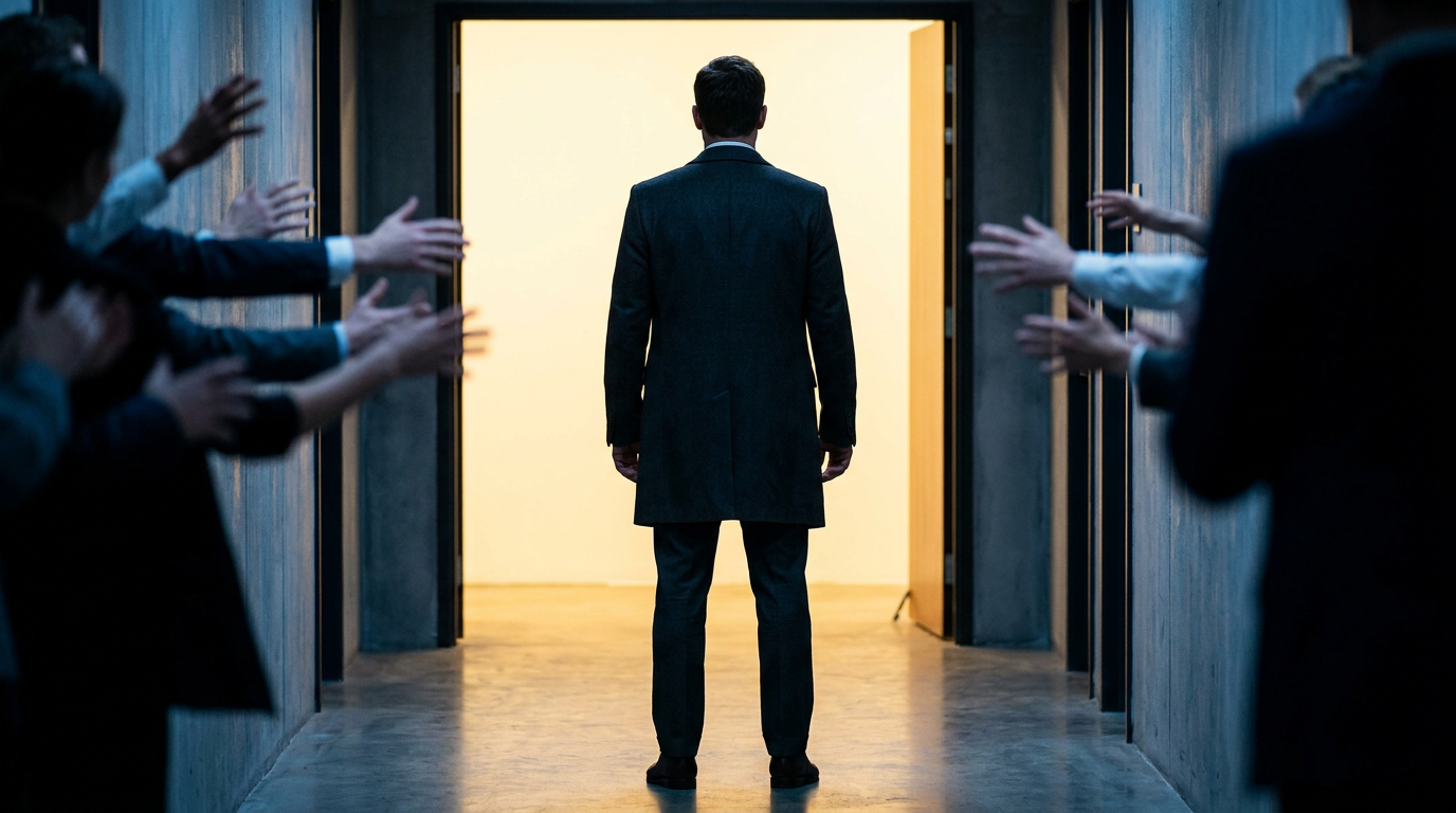 A man in a dark suit walking away down a corridor past rows of outstretched hands reaching toward him