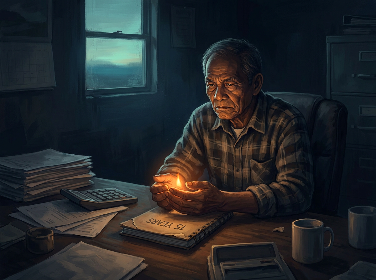 An older founder sits at his desk in a dim office at twilight, hands cupped around a small warm flame beside a notebook marked 15 YEARS.