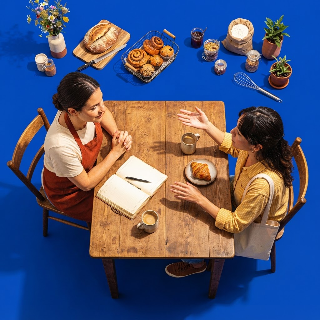 A business owner leaning in to listen closely as a customer explains their needs across a table in a small bakery shop.