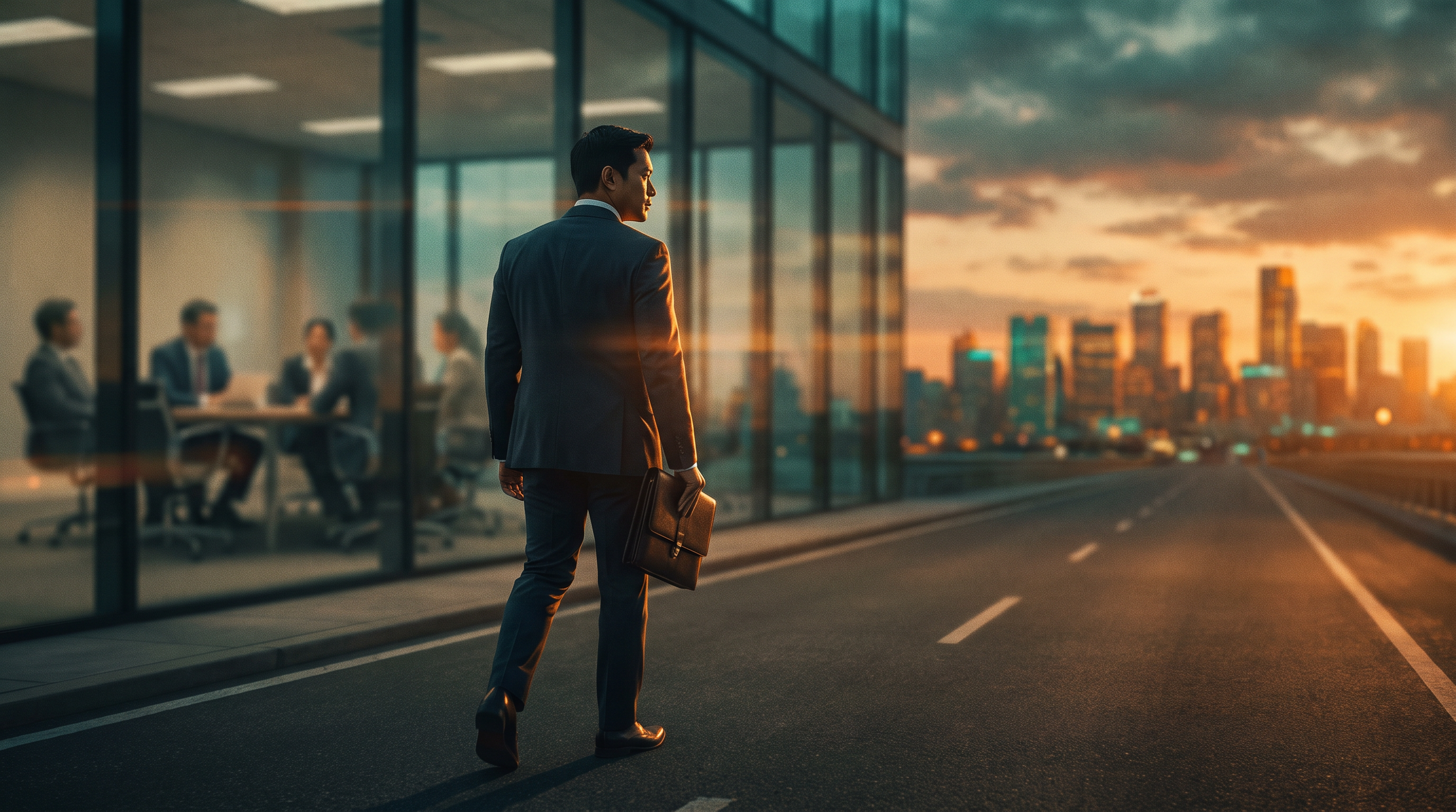 An entrepreneur in a business suit walks away from a glass office building toward a glowing sunset city skyline