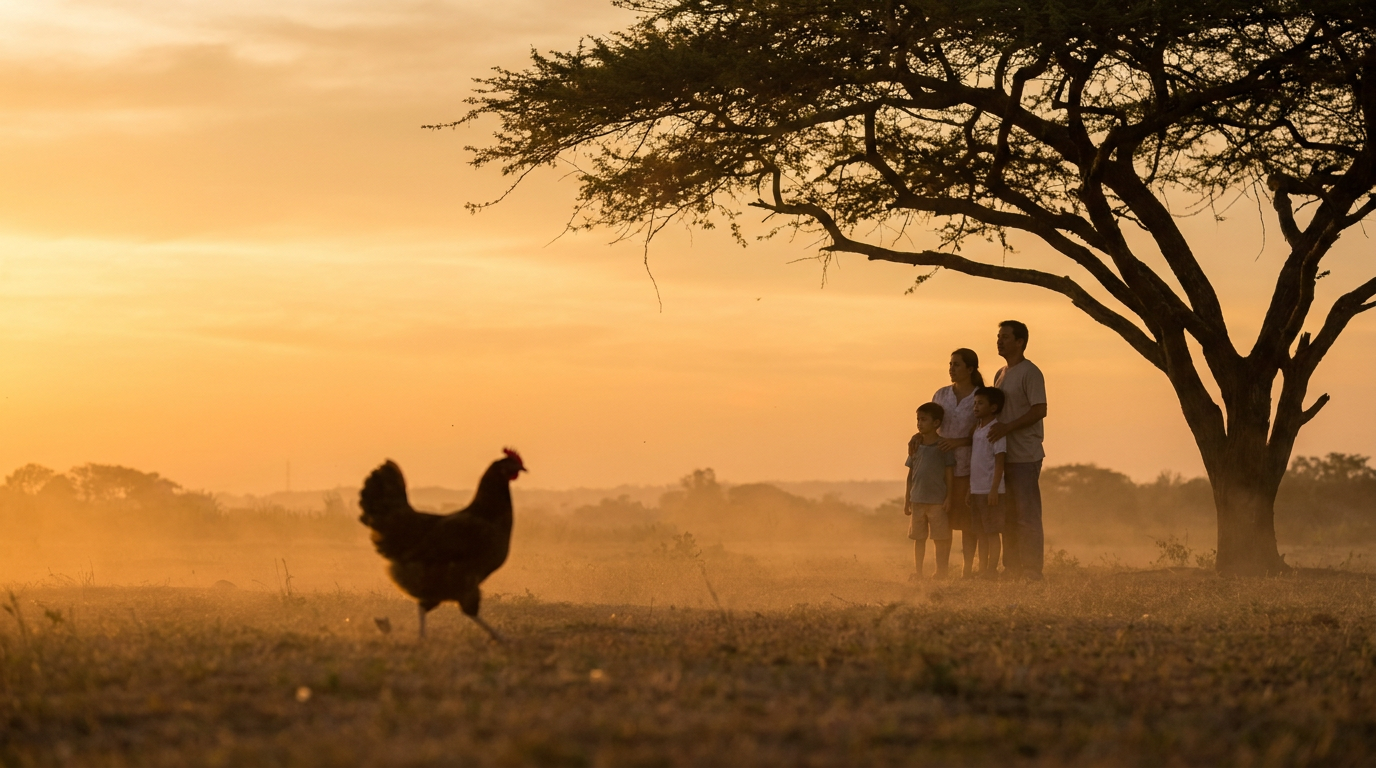A lone hen walking at sunset in the foreground with a Filipino family standing beneath a large tree in a hazy golden field