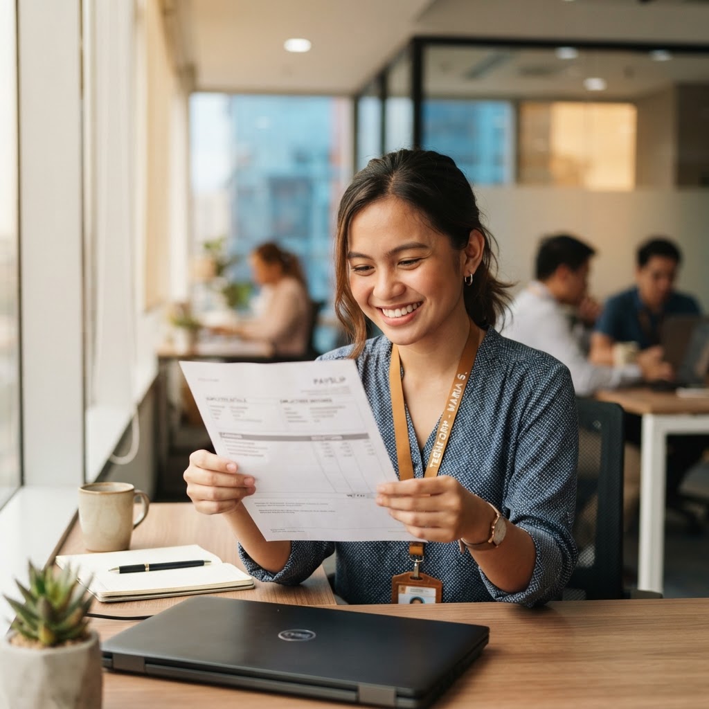 A Filipino employee reading their payslip delivered by PayrollOne