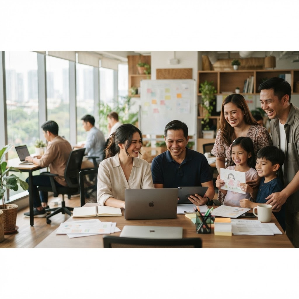 A diverse group of Filipinos — an entrepreneur, a small business owner, and a family — in a bright modern office