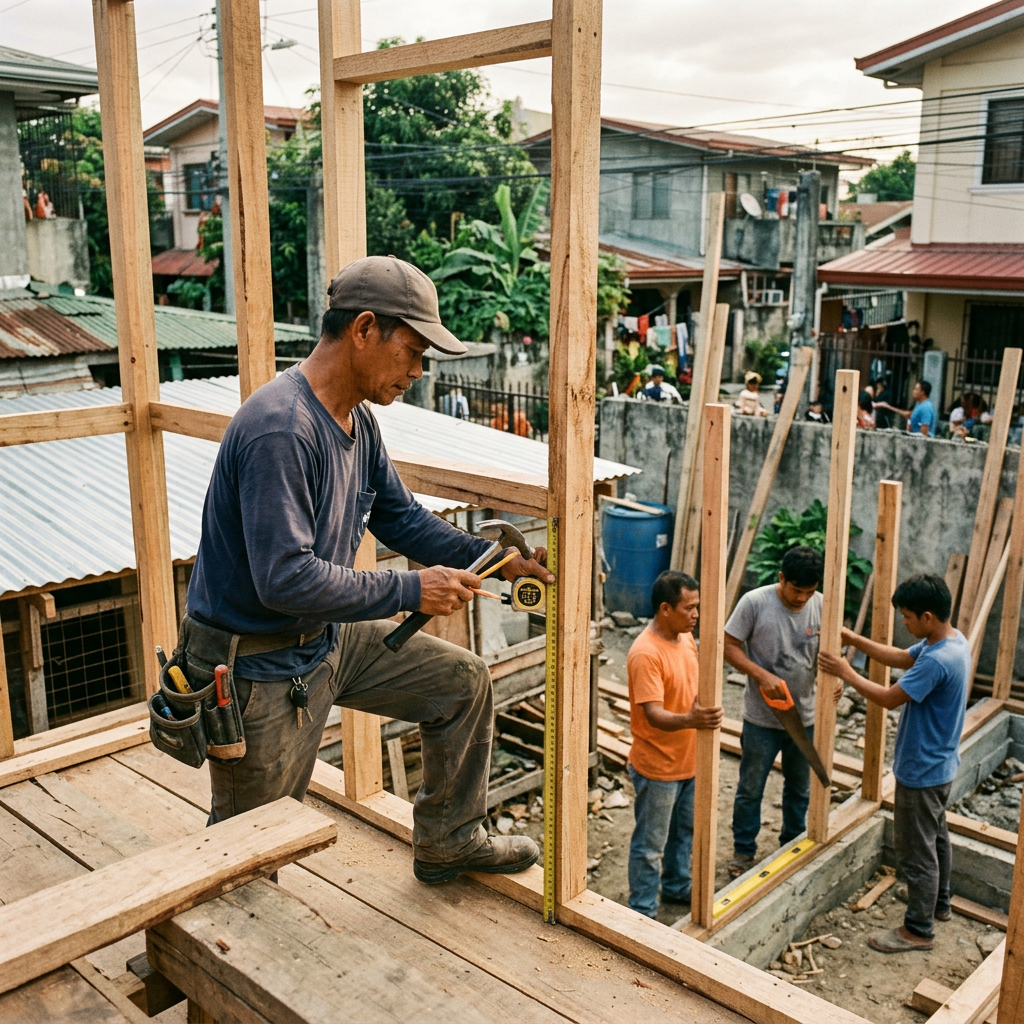 Filipino skilled construction workers collaborating on a residential project