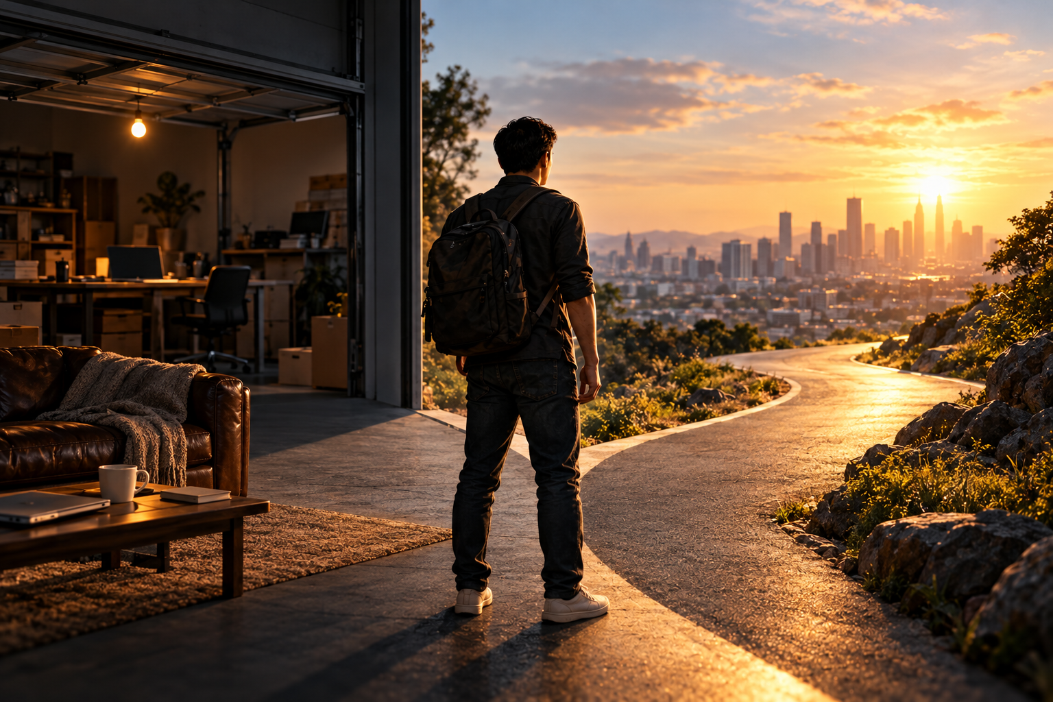 A man with a backpack standing at a crossroads between a warm garage workspace and a winding road leading toward a city skyline at sunset