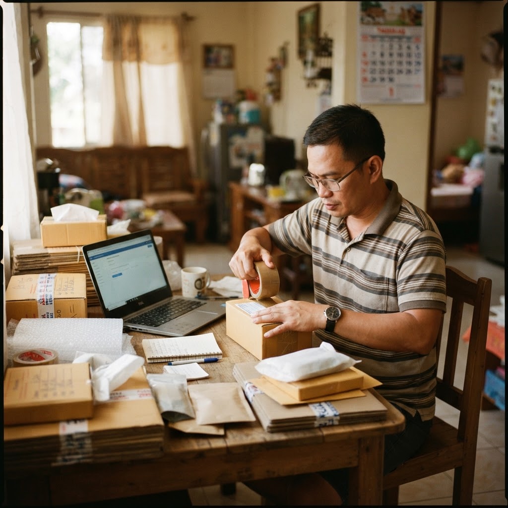 A home-based entrepreneur packing orders