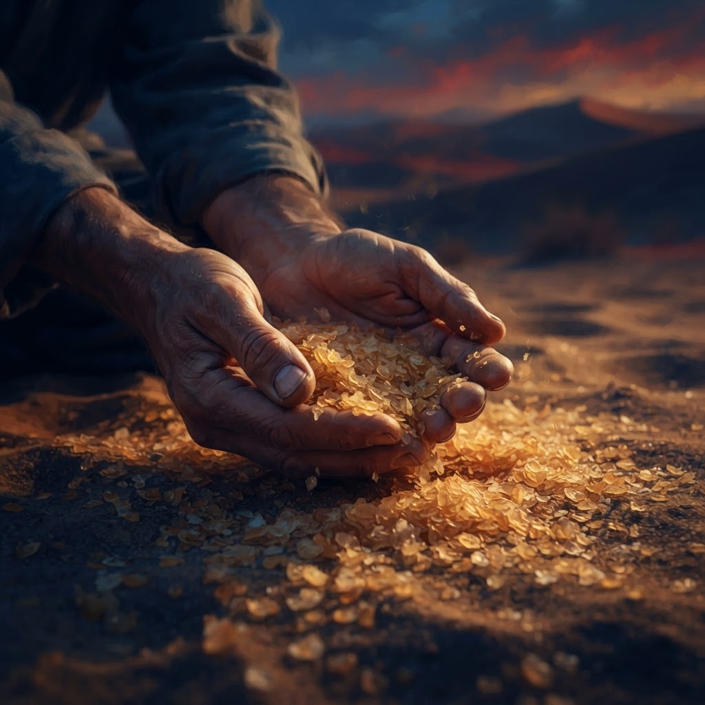 Open hands gathering fine, honey-colored manna off the desert sand at sunrise — the daily act of gathering today's provision with open, trusting hands.