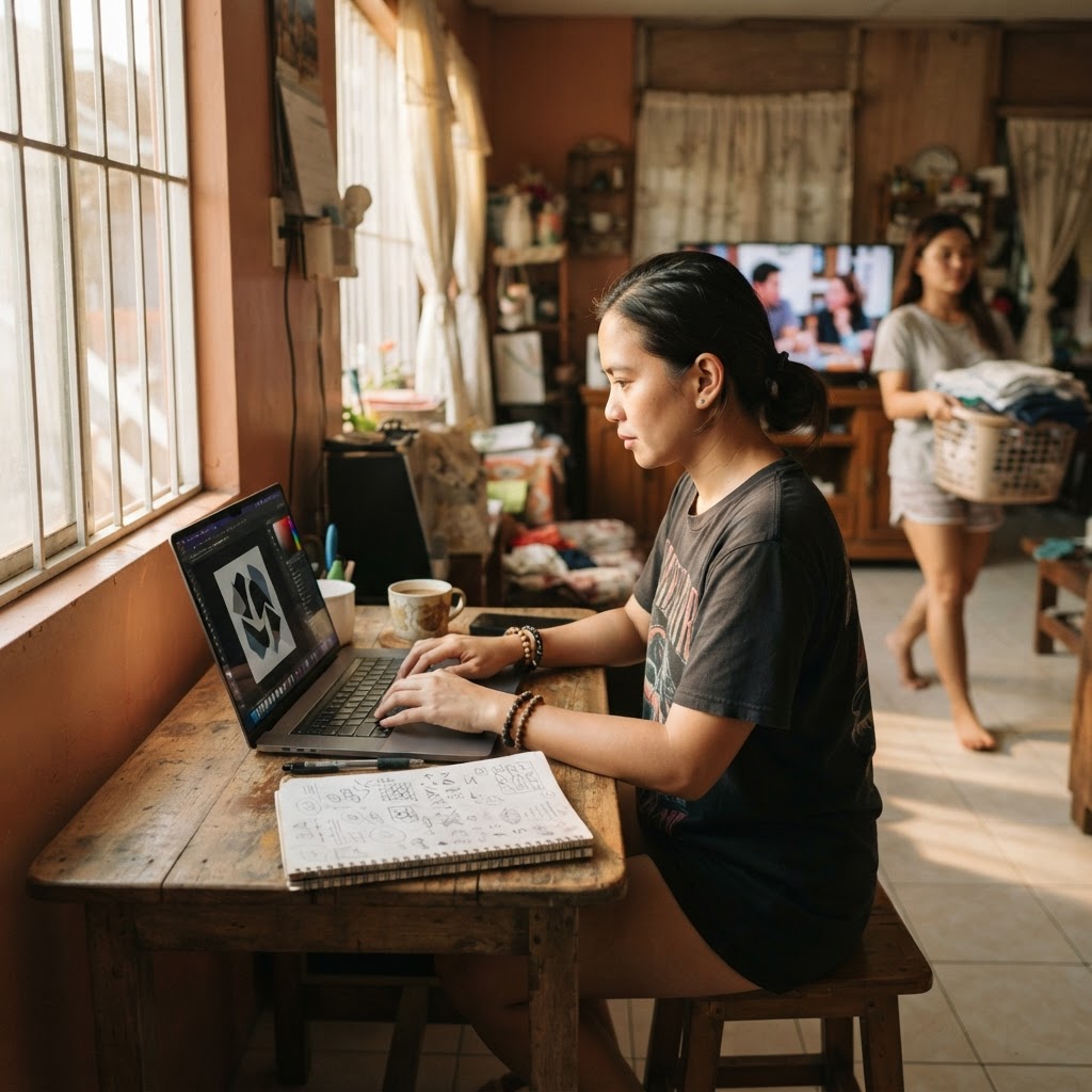A freelancer focused on laptop work at a kitchen table while household life continues around them in the background