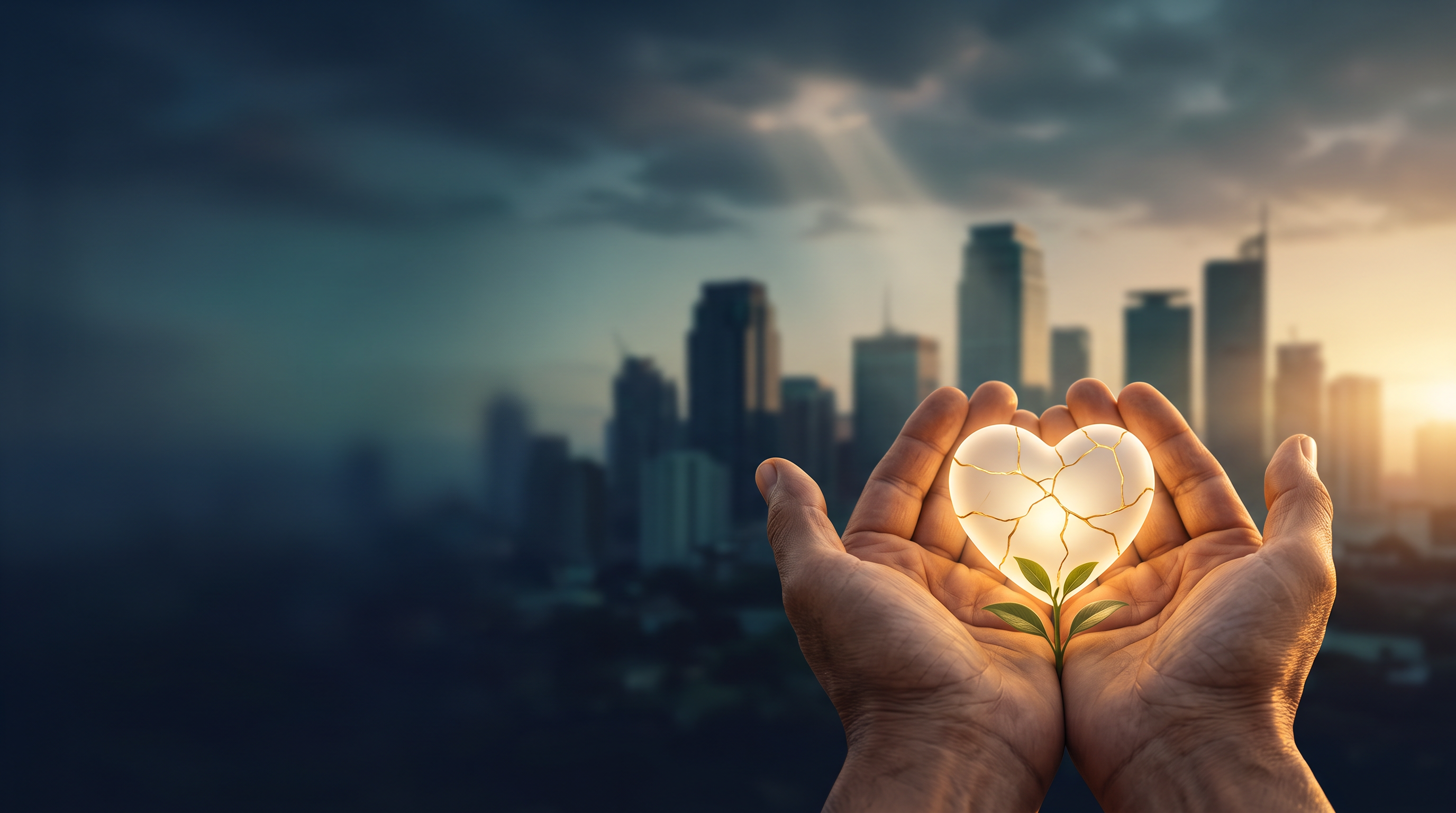 Hands holding a glowing cracked heart with a sprouting leaf, against a sunrise city skyline