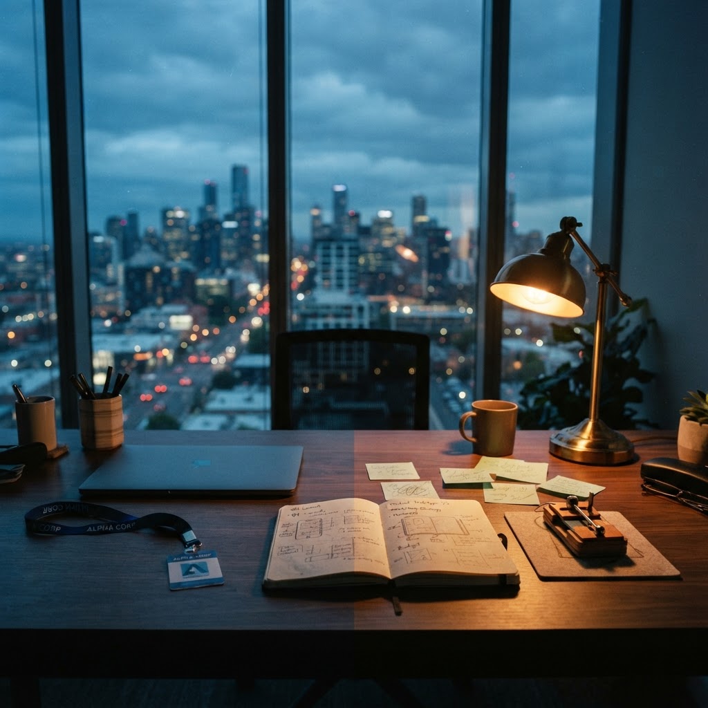 A desk by a window at dusk — a cool, orderly corporate side and a warm lamp-lit side with a notebook and small handmade prototype, symbolizing employment as runway for a side business.