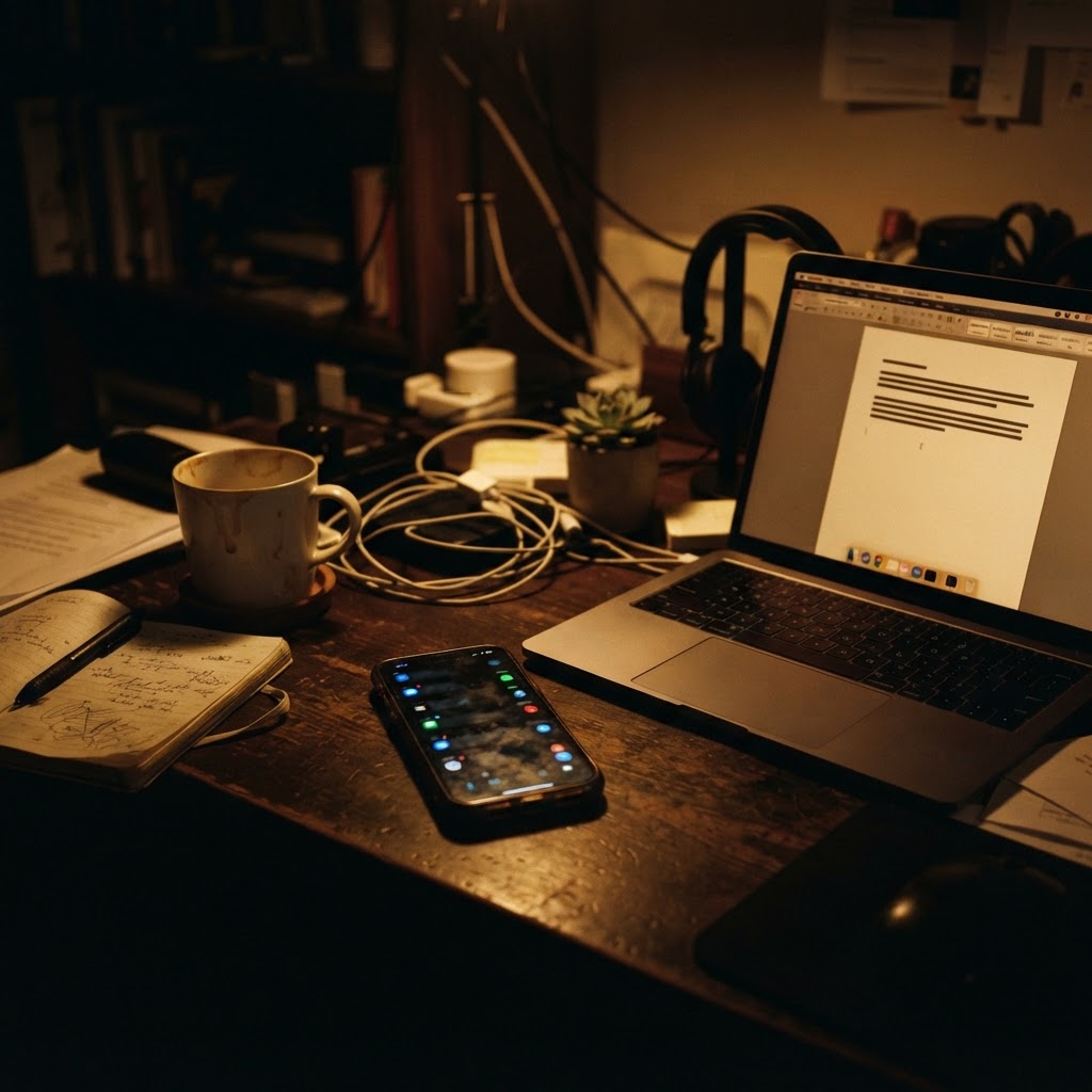A smartphone glowing with notification alerts beside an open laptop on a dim home office desk at night.
