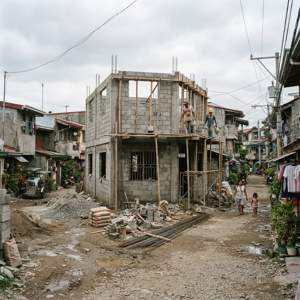 A warm Filipino residential community at golden hour