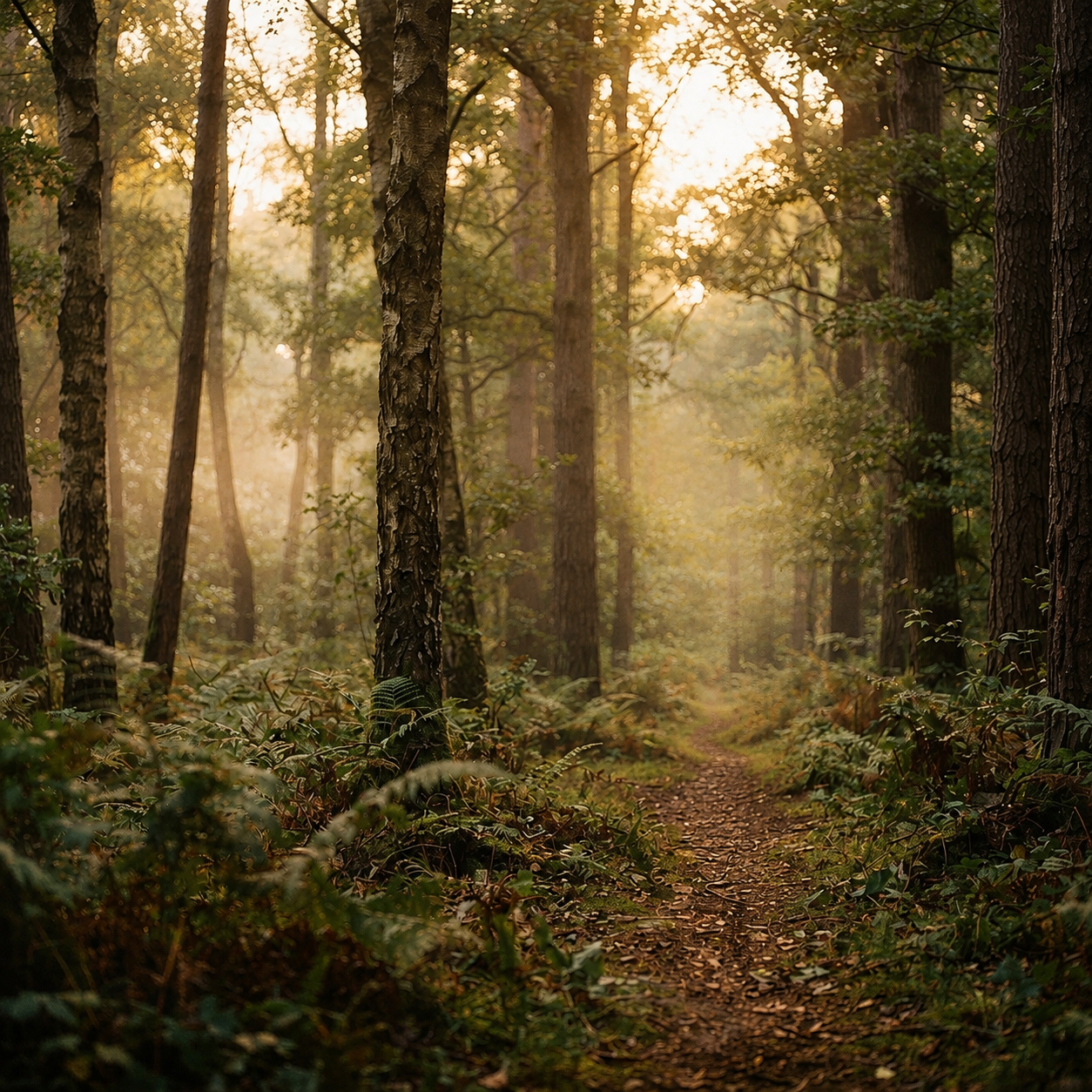 A serene forest trail bathed in golden morning light