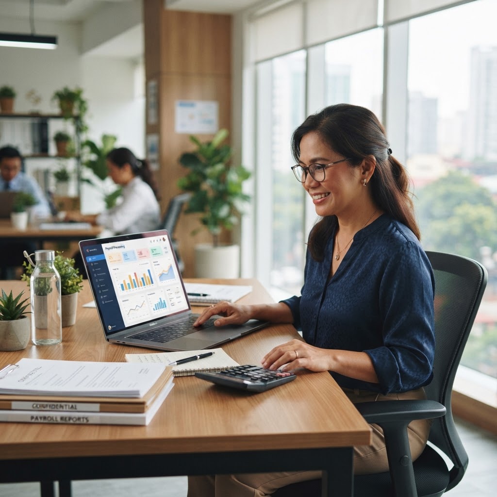 A Filipino accountant managing payroll operations on PayrollOne