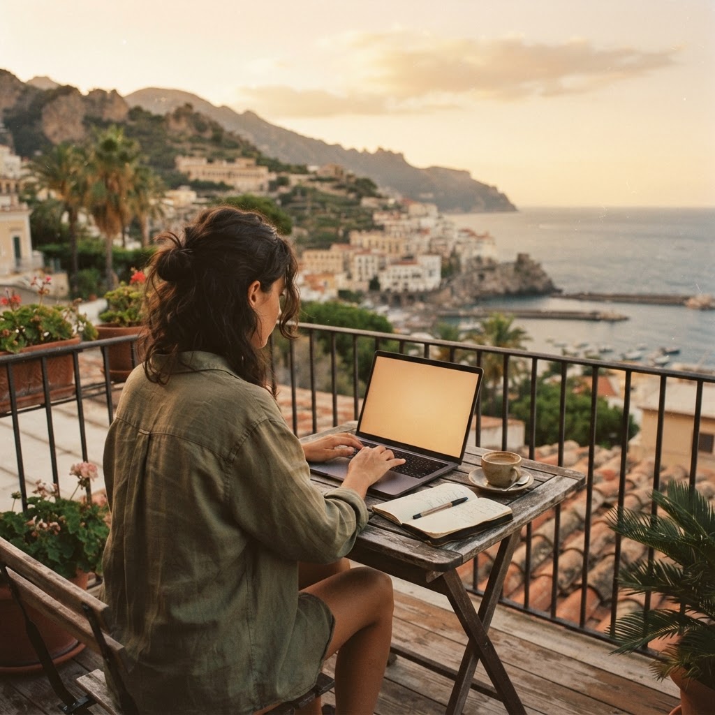 A professional working on a laptop on a balcony overlooking a quiet coastal town at sunset