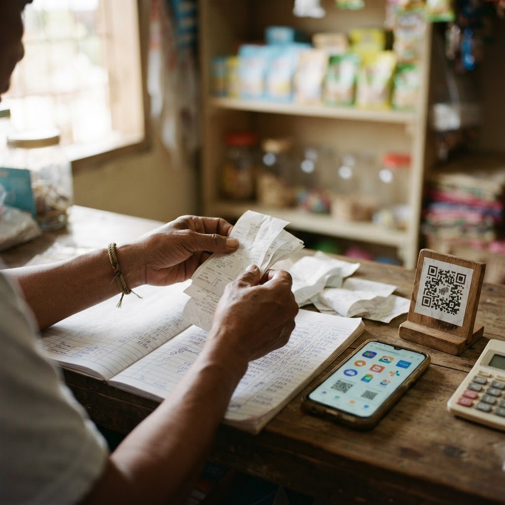 A small business owner sorting printed payment receipts next to a handwritten ledger and a phone with multiple payment apps on a shop counter