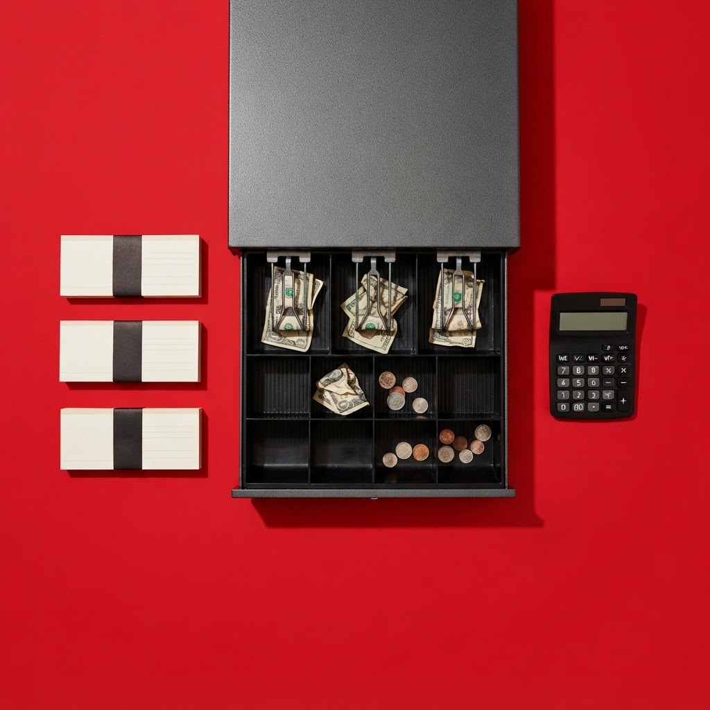 Overhead flat-lay of a nearly empty open cash register drawer beside stacks of bank deposit slips on a bold red backdrop