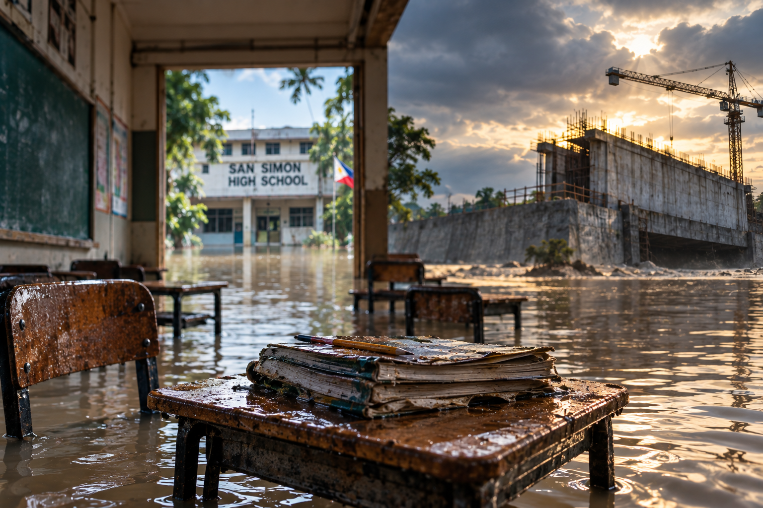 Editorial illustration of a flooded classroom at San Simon High School, with student desks in murky floodwater and an unfinished concrete flood-control structure looming beyond the courtyard. Illustration — not a photograph of the actual event.