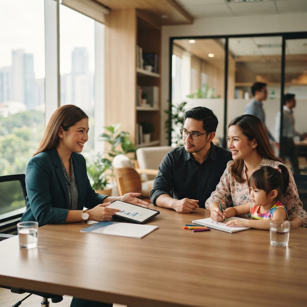 A Filipino insurance adviser meeting a family in a bright office