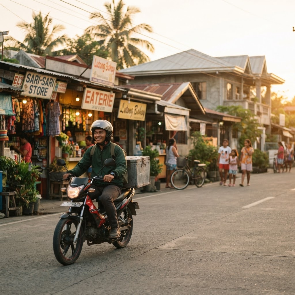 OK Delivery rider passing home-based food storefronts in a local community at golden hour