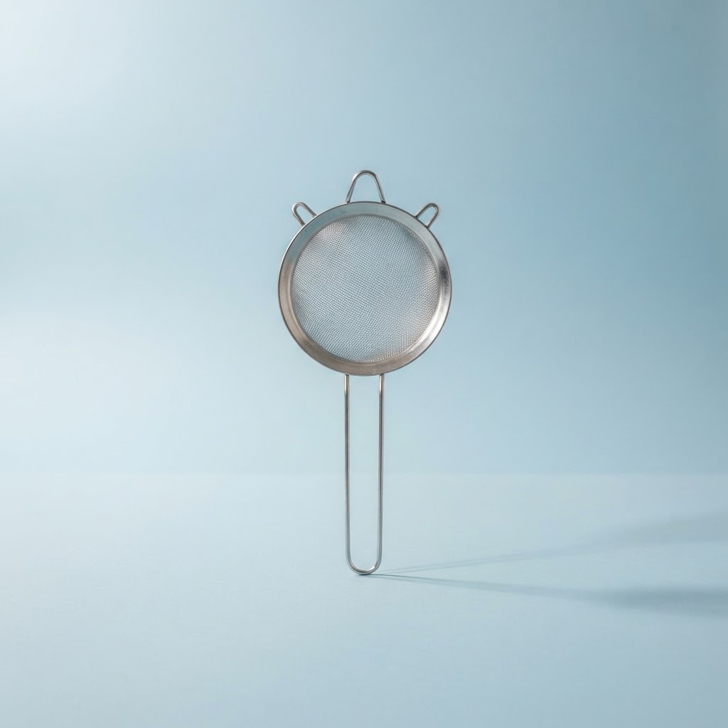 A metal kitchen sieve on a pastel-blue studio background, symbolizing a practical filter for decisions