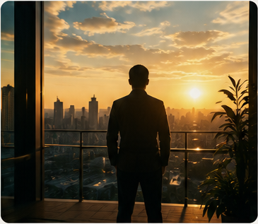 A founder overlooking the city at sunset